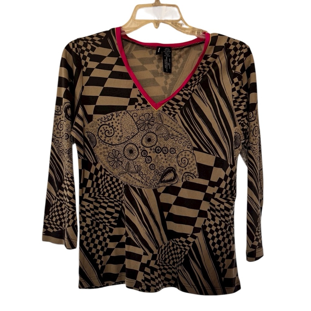 Lynn Ritchie Silver Y2K Silk Blend Geometric V-Neck Top Avante Garde  Wear Art